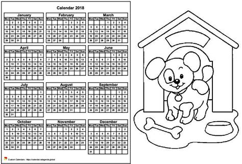 Calendar 2018 To Color Annual Format Landscape For Children