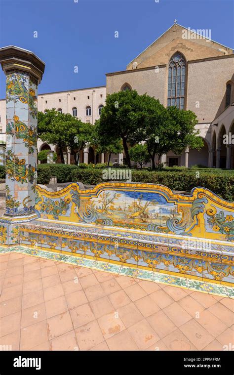 cloister santa chiara with octagonal columns decorated with majolica tiles in rococo style