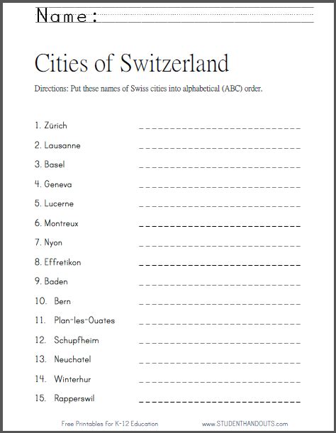 Sort any list in alphabetic or reverse alphabetical order with little more than a few clicks of the mouse. Switzerland's Cities in ABC Order - Free printable cross ...