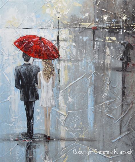Original Art Abstract Painting Couple Red Umbrella Girl Contemporary