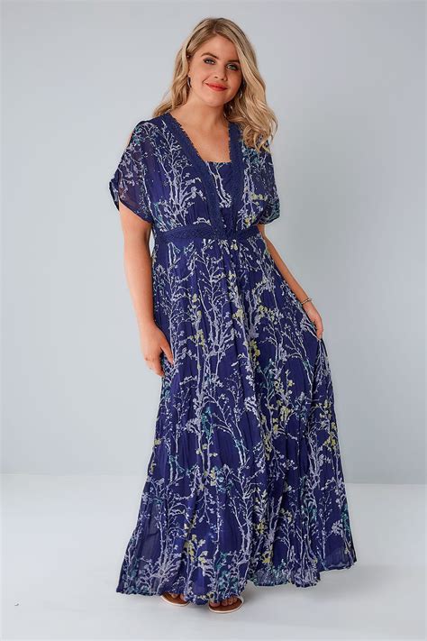 Blue And Multi Floral Print Cold Shoulder Maxi Dress With Sequin Detail Plus Size 16 To 36