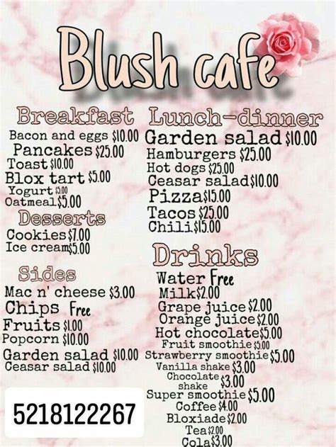 Blush Cafe Menu Not Mine Cafe Sign Cafe Decal Codes Bloxburg