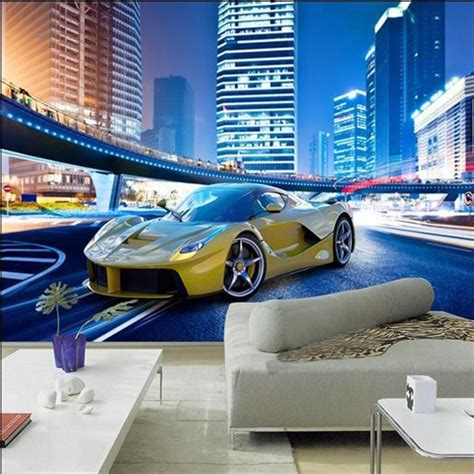 Custom 3d Wallpaper Modern City Night Landscape Sport Car