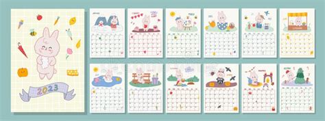 Vertical Calendar Template 2023 With Cute Kawaii Rabbit Symbol Of The