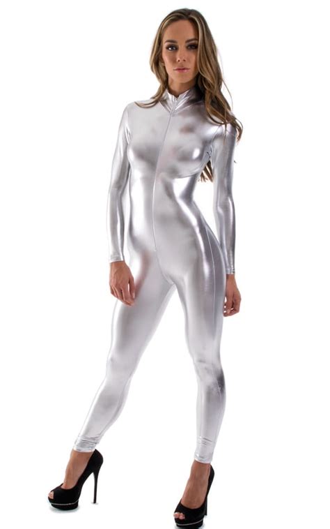 Front Zipper Catsuit Bodysuit In Liquid Silver Skinzwear