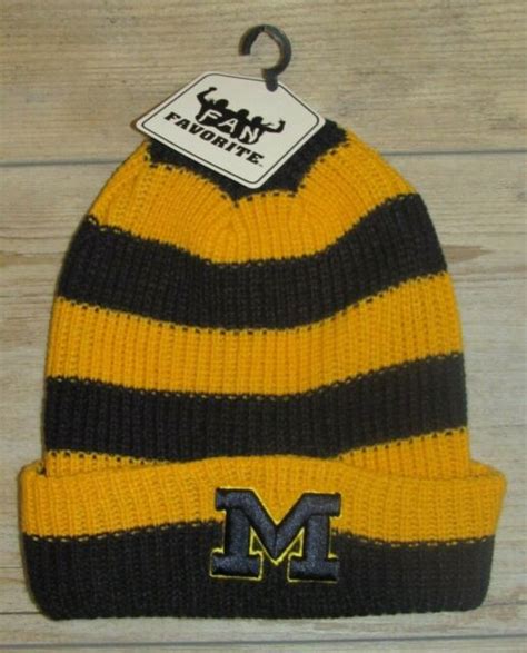 Michigan Wolverines Ncaa Cuffed Striped Beanie Winter Knit Hat Cap Men