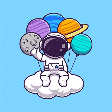 Premium Vector Astronaut Sitting On Cloud With Planet Balloon Cartoon