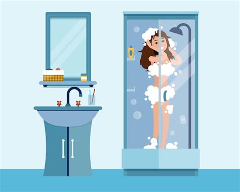 Premium Vector Woman Takes A Shower Relaxing Girl In Bathroom Flat Style Vector Illustration