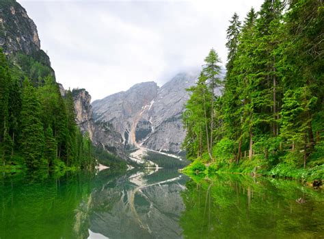 Amazing View Of Braies Lake At Autumn Day Stock Image Image Of