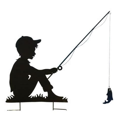 Boy Day Fishing Garden Yard Outdoor Shadow Silhouette Stake Iron 26h