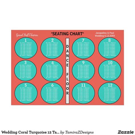 Starts at $12.80 seating chart alphabetical order poster. Wedding Coral Turquoise 12 Table Seating Chart | Zazzle ...