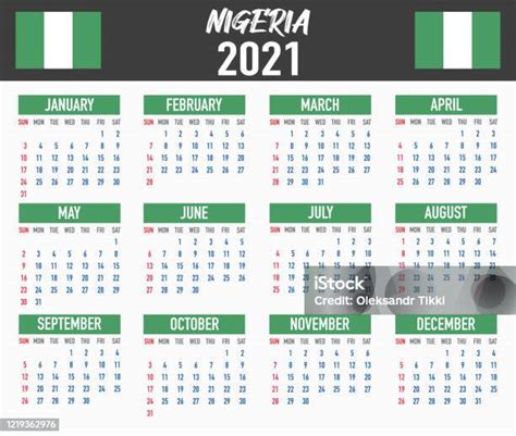 Nigeria Calendar With National Country Flag Month Day And Week Colorful