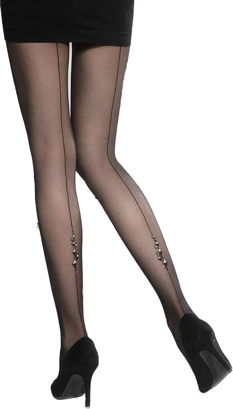 womens sheer black tights with back seam and shimmering sparkling glittery design silver party