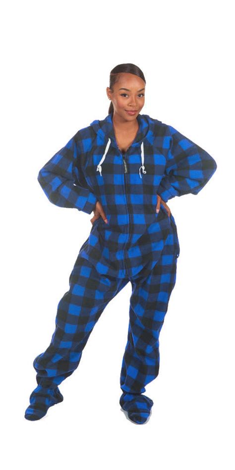 Blue Buffalo Plaid Footed Deluxe Fleece Pjs Uni Sex Onesie Footie Pajamas Plaid Pajama