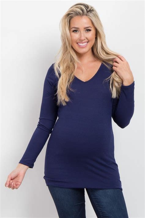 Navy Blue Ribbed Long Sleeve V Neck Maternity Top Maternity Tops Stylish Maternity Dress