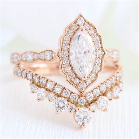Vintage Floral Bridal Set W Marquise Moissanite And Large Tiara Diamond Band Marquise Ring