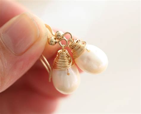 Dainty Small Wire Wrapped Freshwater White Pearl Earrings Everyday