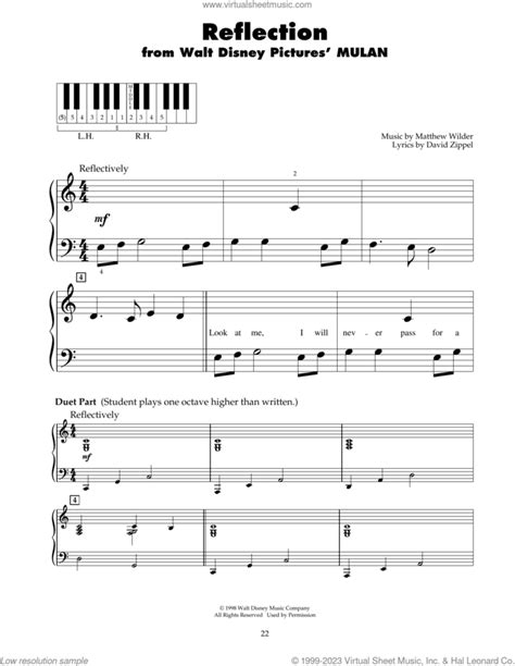 Reflection From Mulan Sheet Music Beginner For Piano Solo 5 Fingers