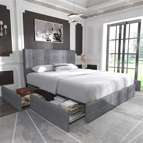 Allewie Light Grey Queen Platform Bed Frame With Drawers Storage And Square Stitched Button