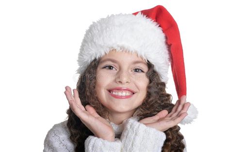 Portrait Of Smiling Little Girl In Santa Hat Stock Image Image Of