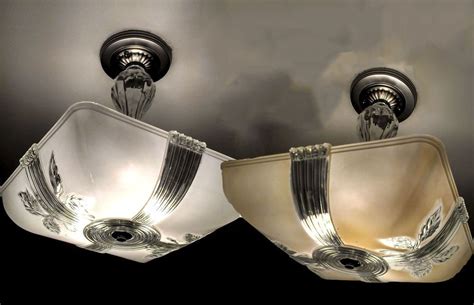 Pair of art deco style chrome effect ceiling lights. PAIR Square Shade Vintage Art Deco Glass Chandelier ...