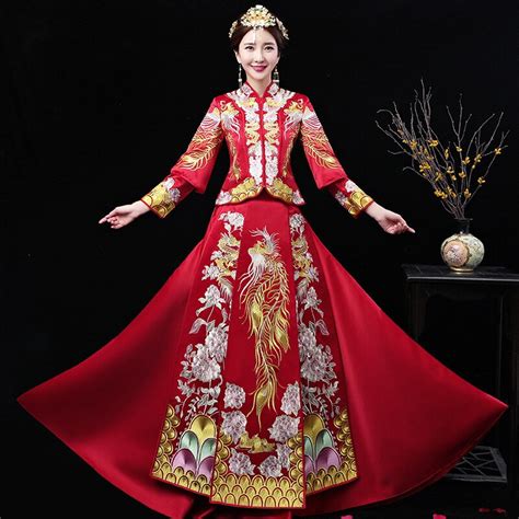 Bride Traditions Red Women Phoenix Embroidery Cheongsam Long Qipao Wedding Dresses Chinese