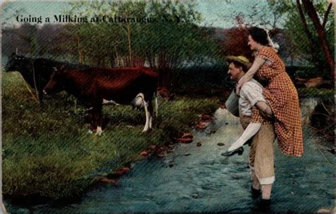 Going Milkingand At Cattaraugus Ny~cows~farmer Carries Maid Across Creek