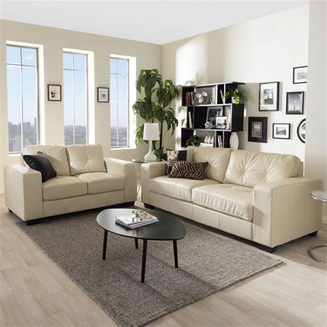 Modern Ivory Living Room Set Faux Leather 4 Seater Sofa And Loveseat