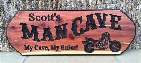 Custom Man Cave Sign Design With Engraved Motorcyle Wooden Carved