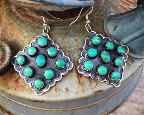 Large Turquoise Cluster Dangle Earrings Navajo Native American Indian