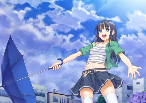 Black Hair Blue Eyes Clouds Kasei Xyz Long Hair Original Thighhighs