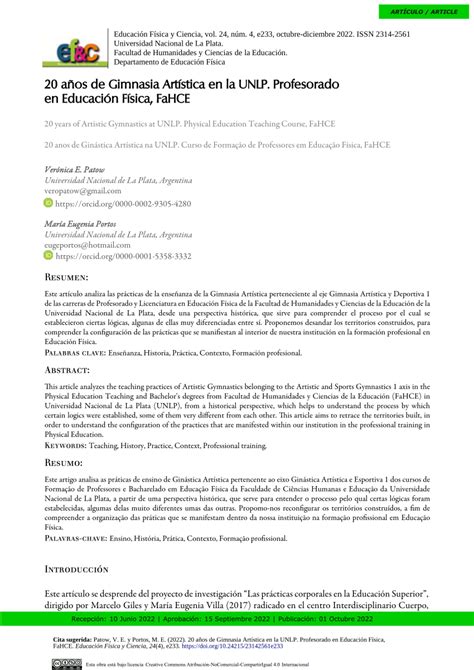 Pdf 20 Años De Gimnasia Artística En La Unlp Profesorado En