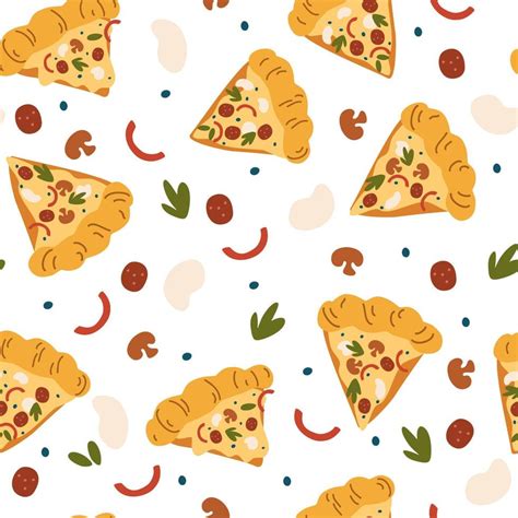 Pizza Seamless Pattern Pizza Slices With Mozzarella Salami Herbs Mushrooms And Pepper