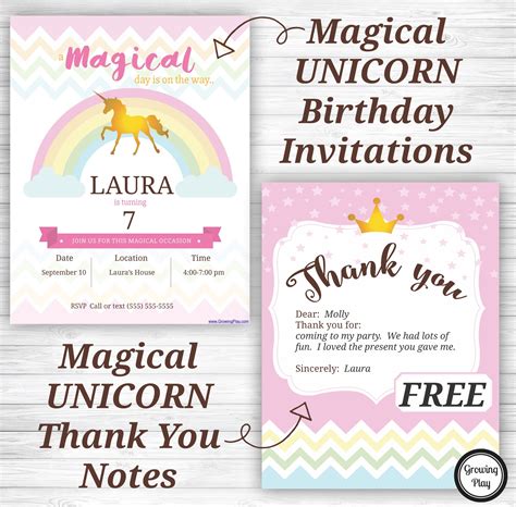 Unicorn Birthday Party Invitations And Thank You Notes Free Growing
