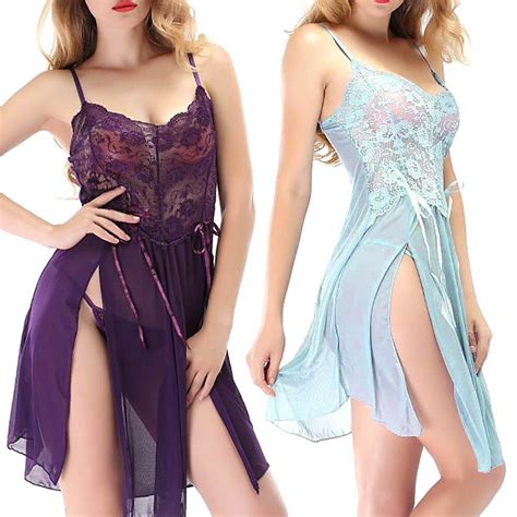 Hot Sex Lady Nightgown Lace Lingerie Slit Open Long Dress T Back