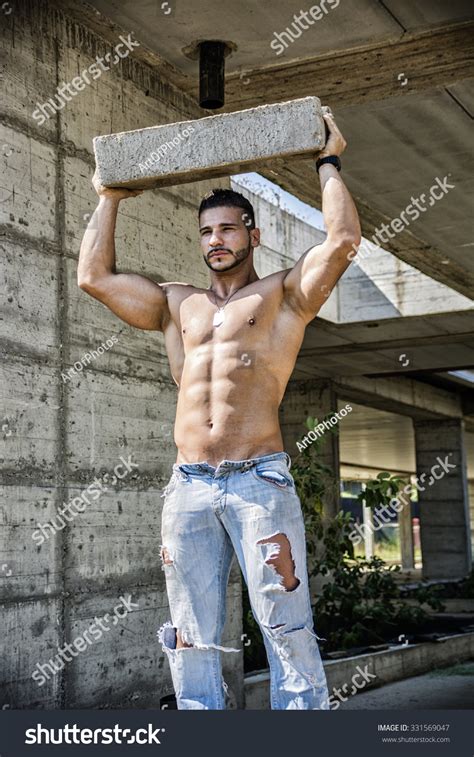 sexy construction worker shirtless showing muscular ภาพสต็อก 331569047 shutterstock