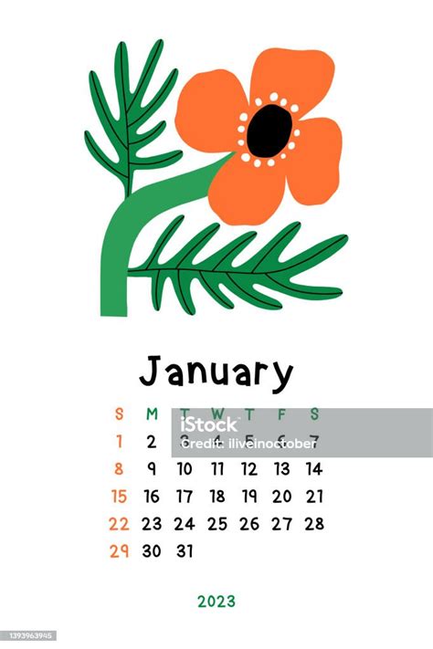 Beautiful Floral Vector Calendar January 2023 Stock Illustration