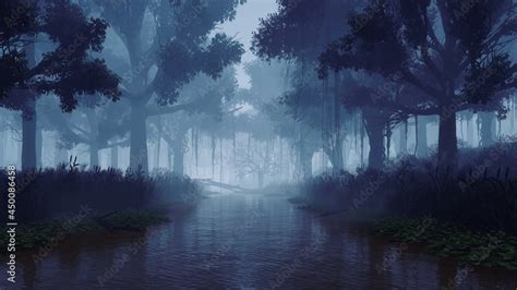 Overgrown Calm River Among Old Creepy Trees In A Dark Mysterious Forest