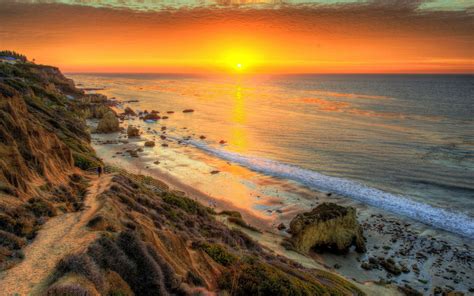 Sunset Sun Red Orange Sky Marine Coast Beach Rock Ocean Waves Horizon