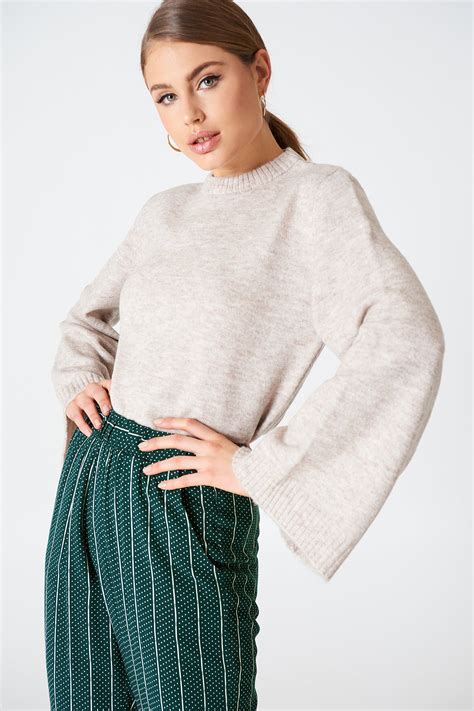 Wide Sleeve Round Neck Sweater Beige Na