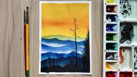 Beginning Watercolor Tutorial Gradient Sunset Sky And Mountains Youtube