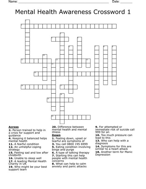 Mental Health Crossword Puzzle Printable