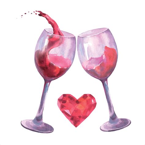 Watercolor Illustration Two Glasses With Red Wine Splash With Heart