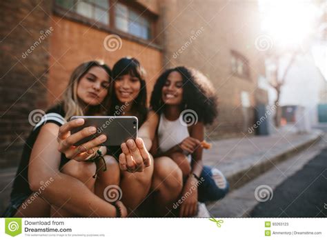 Three Smiling Female Friends Making Selfie Stock Image Image Of Horizontal Friendship 93263123