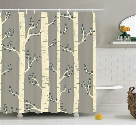 Grey Shower Curtain Birch Tree Branches Vintage Bohemian Contemporary