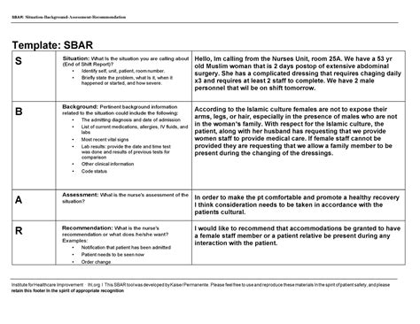 Sbar Form Cultural Diversity Sbar Situation Background Assessment