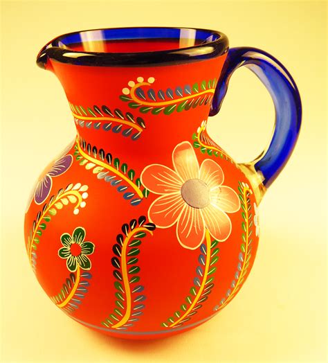 Mexican Glass Six Tumblers And Pitcher Hand Painted Pop Flowers