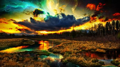 Digital Art Nature River Clouds Stars Forest Colorful Landscape