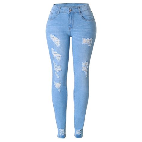 Oem Brand Light Blue Damaged Distressed Skinny Denim Jeans Women