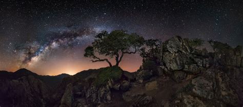 Nature Landscape Mountain Trees Starry Night Milky Way Galaxy